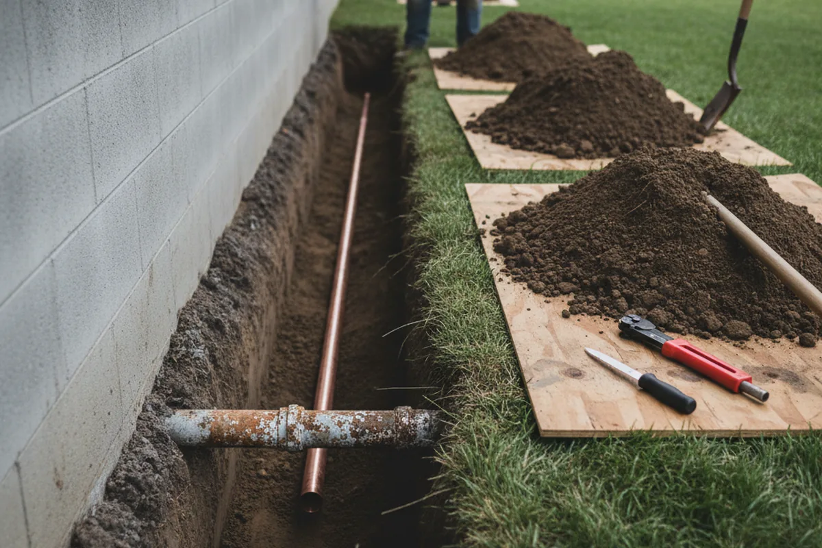 Excavated water line trench during Sewer Line Repair in Mount Prospect